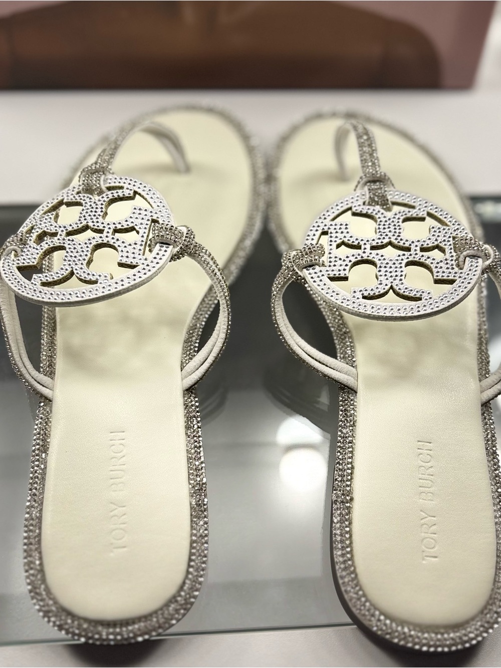 Tory Burch Silver Logo Crystal-Trimmed Ivory Sandals